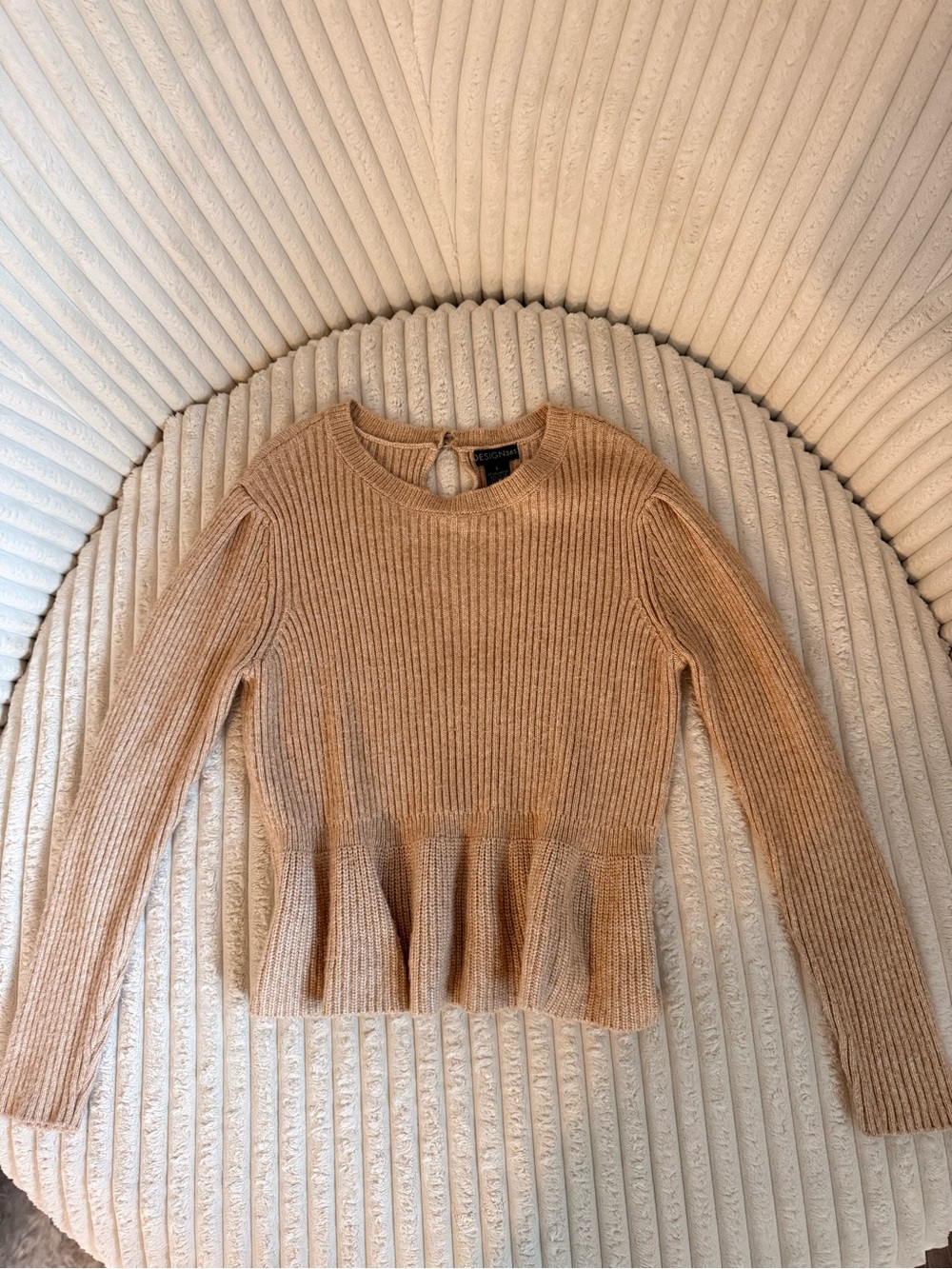 Beige Ribbed Peplum Sweater - Long Sleeve
